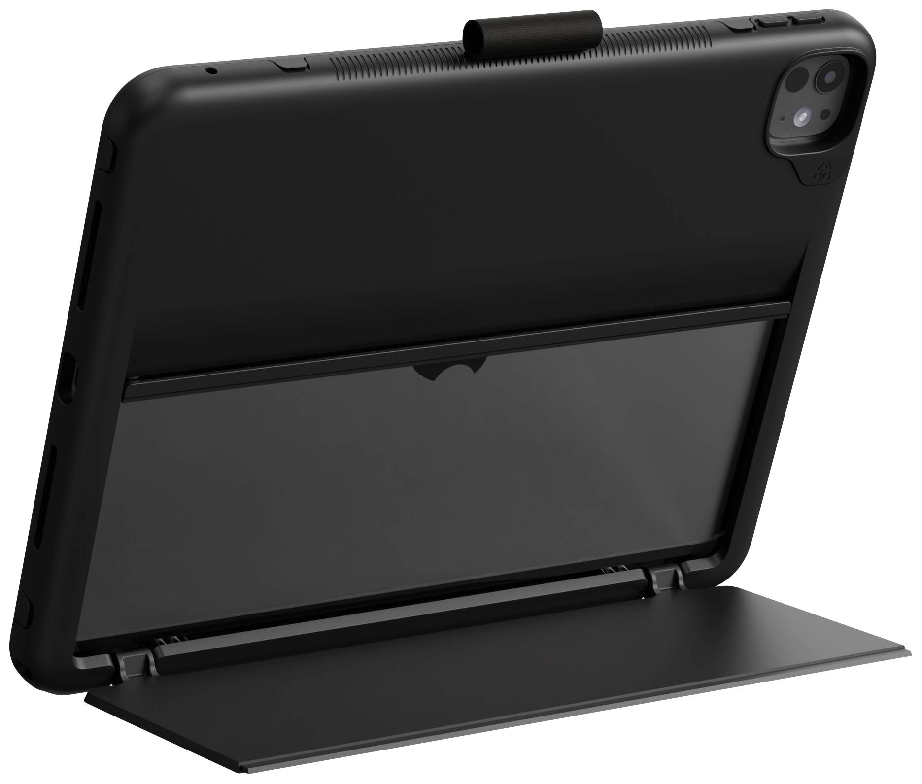 Ein Tablet mit schwarzem Gehäuse auf einer schräg stehenden Halterung, Kamerafeld oben rechts sichtbar.