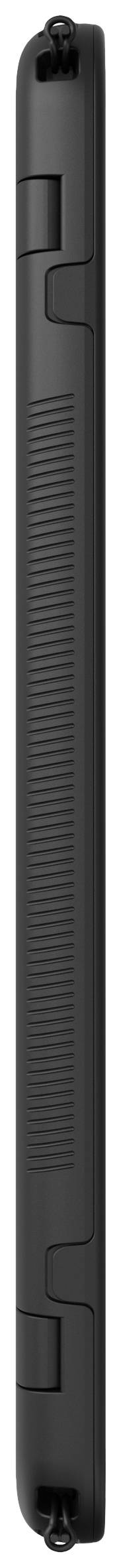 Seitenansicht eines schwarzen zusammenklappbaren Smartphones mit Scharnier in der Mitte.