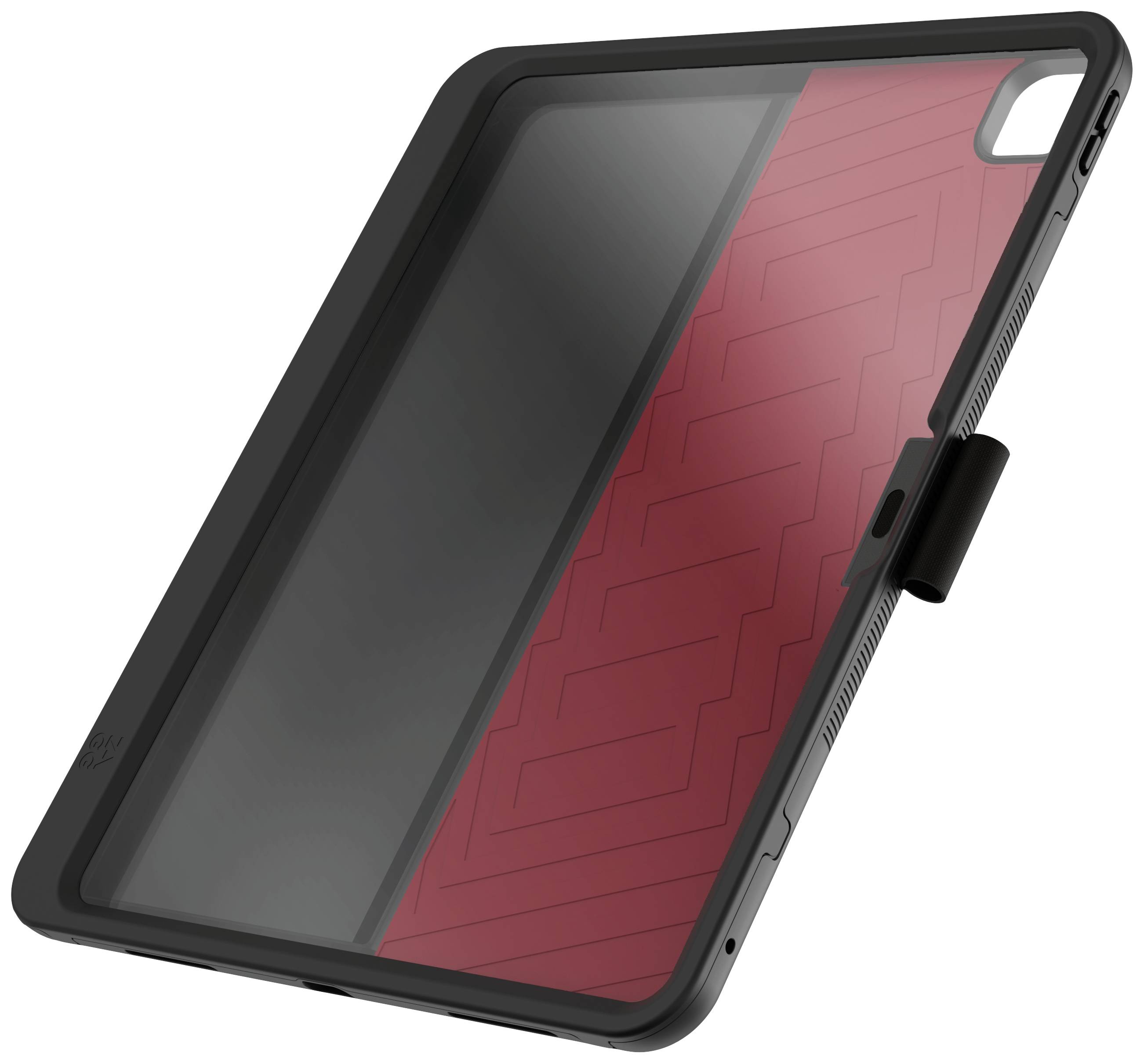 Schutzhülle für Tablet mit schwarzem Rand, rotem Innenteil und stylischem, strukturiertem Design.