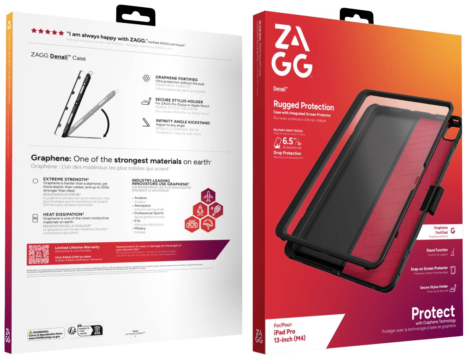 'ZAGG Denali' Schutzhülle für iPad Pro, bietet robusten Fallschutz bis 2 Meter. Rückseite beschreibt Materialeigenschaften und Nutzerbewertungen.
