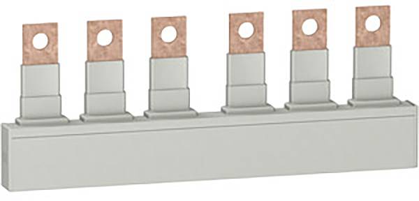 Elektrische Verteilerleiste mit sechs Kupferanschlüssen, geeignet für die Verteilung von Strom in Schalttafeln oder Verteilerkästen.