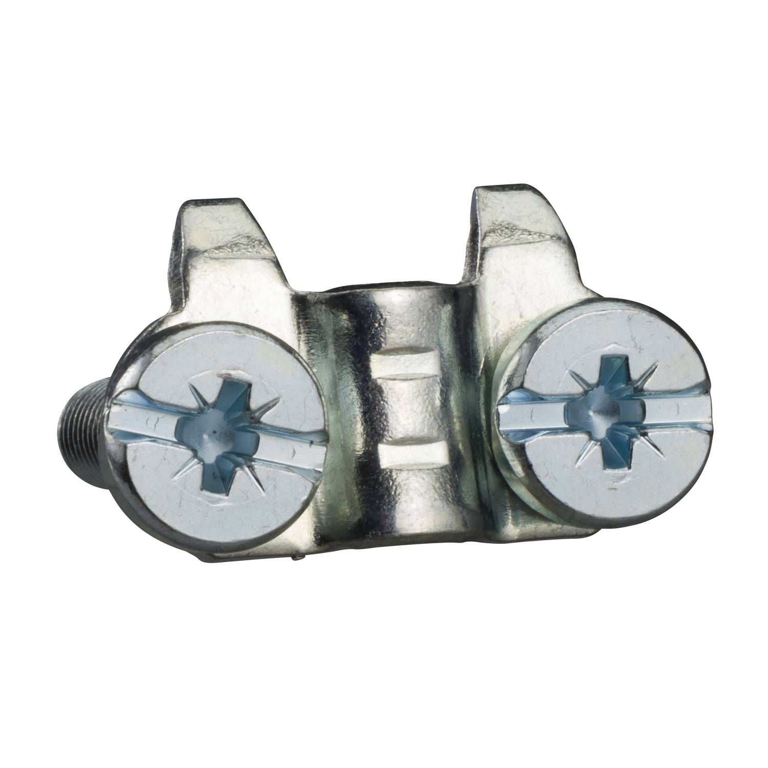 Metallanschlussstück mit zwei Kreuzschlitzschrauben zur Befestigung an einem flachen Untergrund.