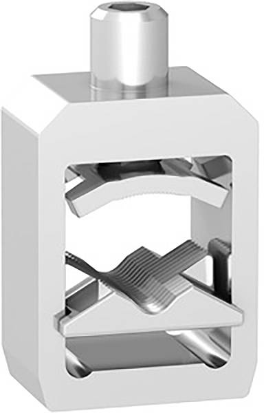 Metallische Halterung mit zwei Schrauben, die Kabel sicher hält. Sie hat eine rechteckige Form und eine glänzende silberne Oberfläche.
