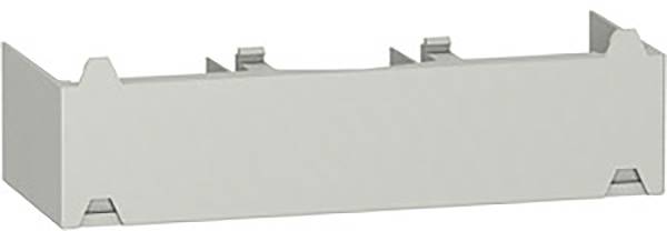 Plastikabdeckung für elektrische Schalttafel, rechteckig, grau, mit seitlichen Clips zur Befestigung.