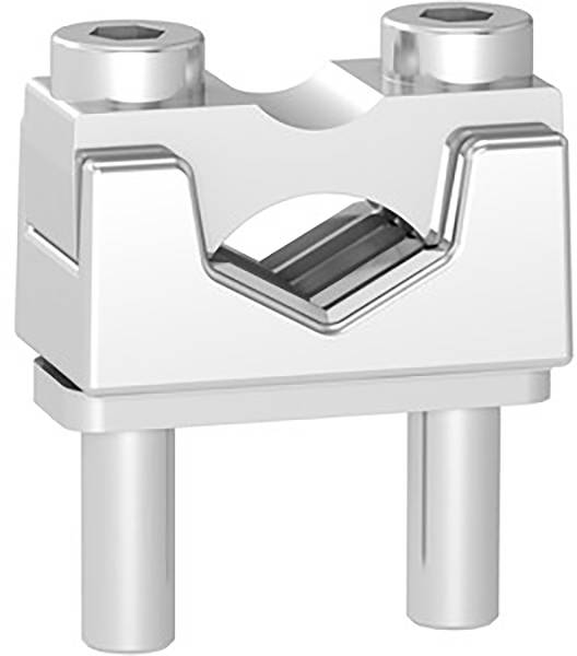 Metallisches Bauteil mit zwei Schrauben oben, verwendet für Rohrbefestigungen.