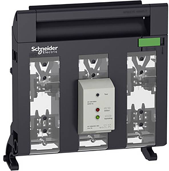 Dreipoliger automatischer Umschalter von Schneider Electric mit durchsichtigem Gehäuse, grünem Schalter und Statusanzeigen.