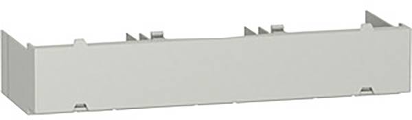 Graue Kunststoffklemme, rechteckig, flach, ohne sichtbare Inschriften oder besondere Merkmale, vor weißem Hintergrund.