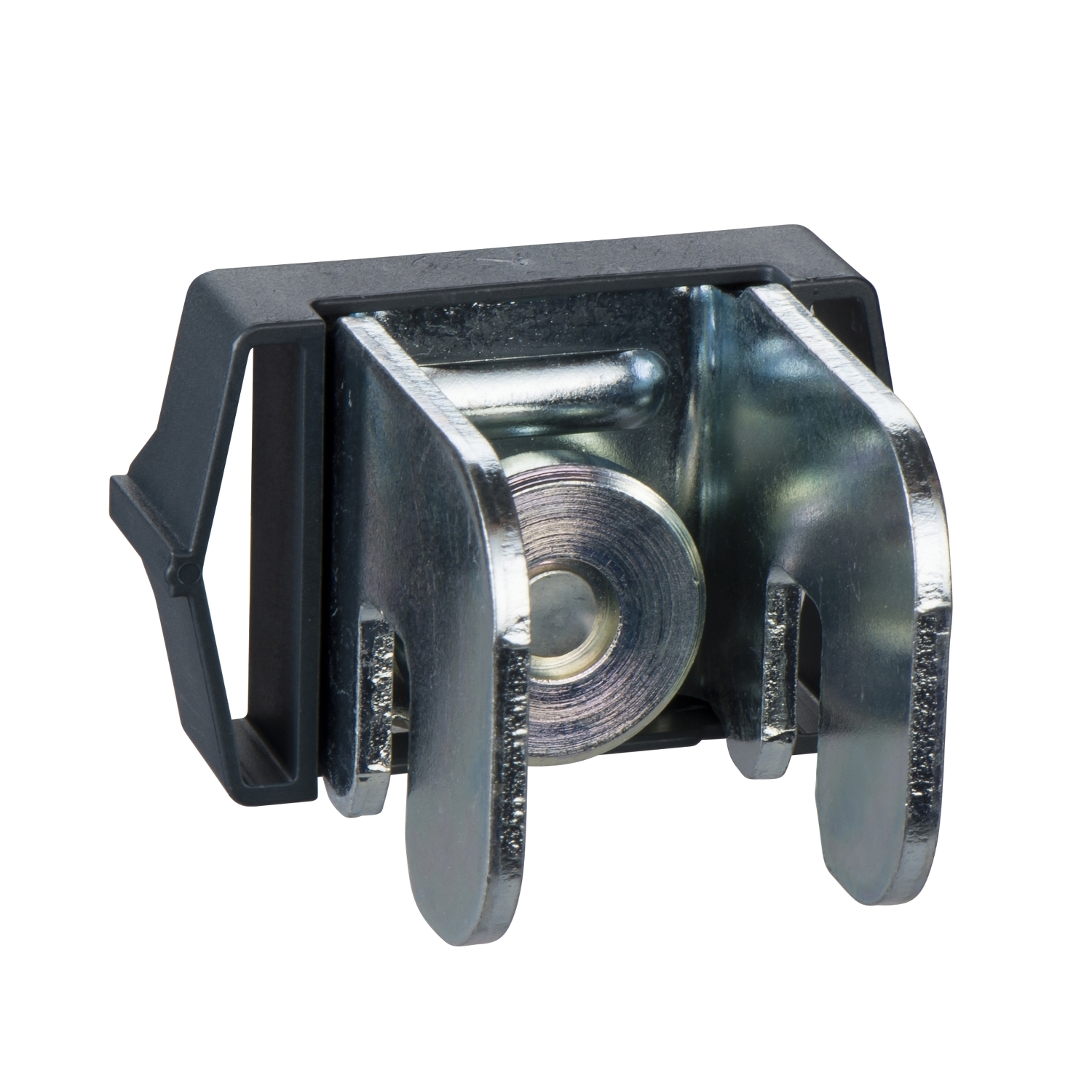 Ein schwarzer und silberner Klippverschluss aus Metall und Kunststoff. Der Verschluss zeigt eine runde Spindel in der Mitte.