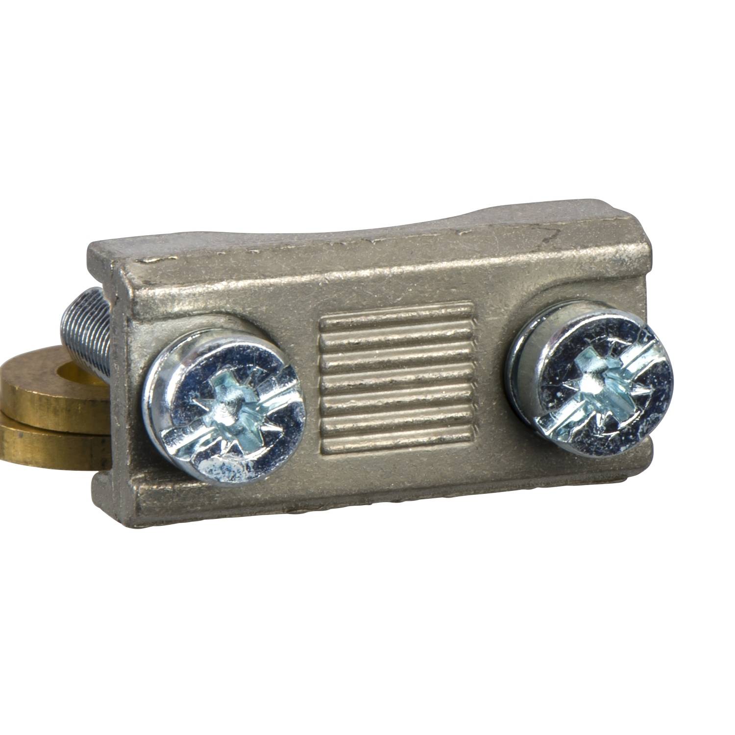 Metallklemme mit zwei Schrauben und einem Gewinde auf der linken Seite. Wird für die Verbindung von elektrischen Leitungen verwendet.