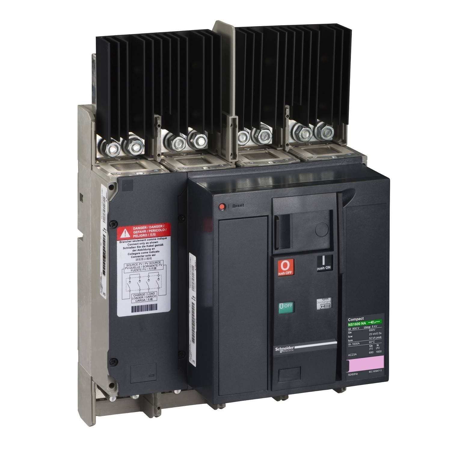 Elektrischer Leistungsschalter mit schwarzem Gehäuse und Bedienknopf.