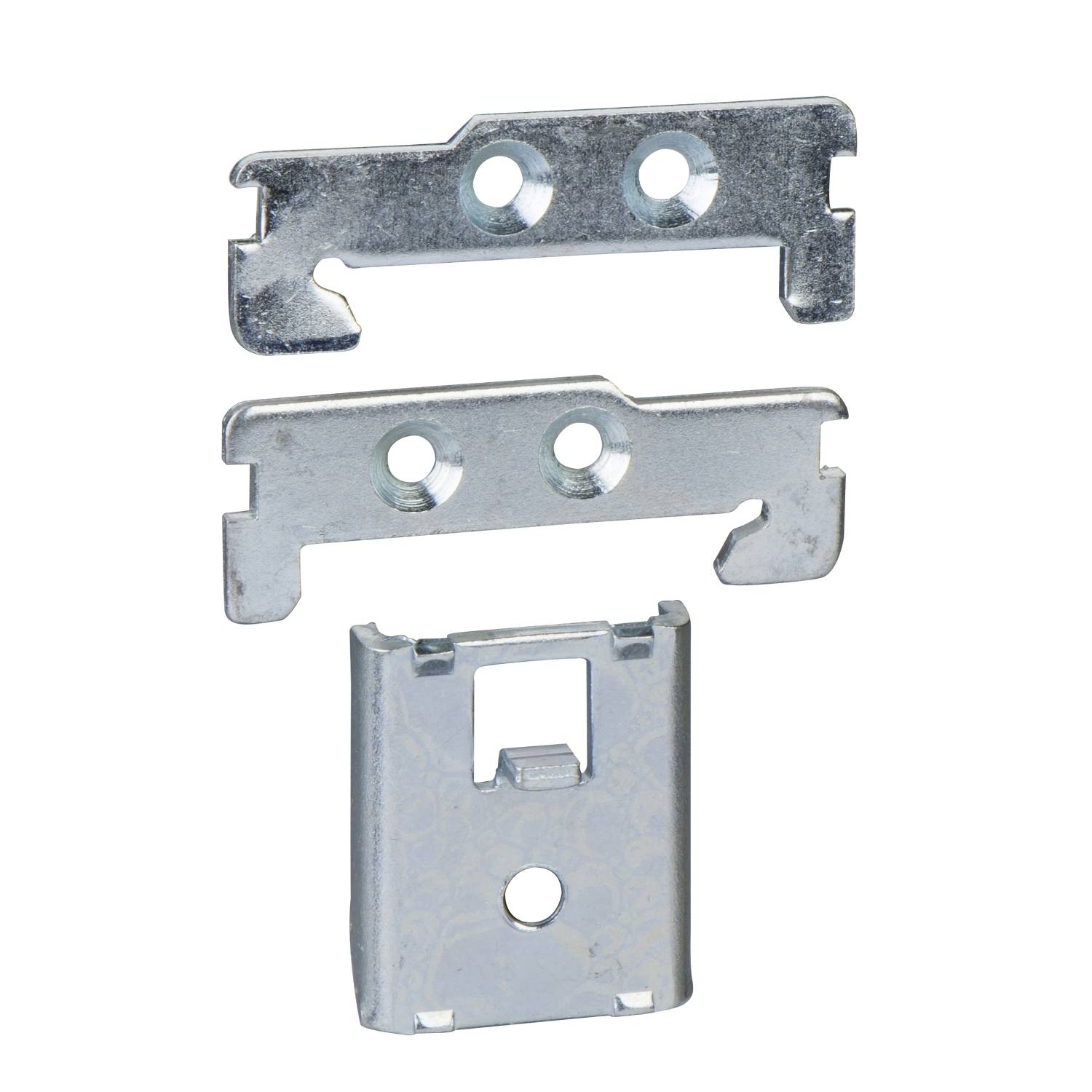 Drei Metallscharniere, zwei oben mit Löchern zur Wandmontage, darunter ein einzelnes Scharnier. Silverne Farbe, industrielles Design.