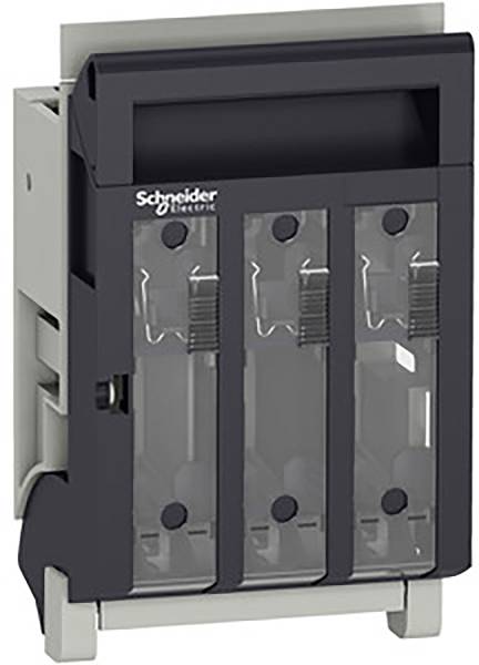 Elektrischer Schalter in einem Gehäuse, mit drei transparenten Abdeckungen für Sicherungen oder Anschlussklemmen, Marke Schneider Electric.