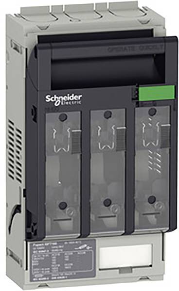 Gehäuse einer elektrischen Schalteinheit mit drei Sicherungsschaltern, Marke 'Schneider Electric', erkennbar an der Vorderseite.