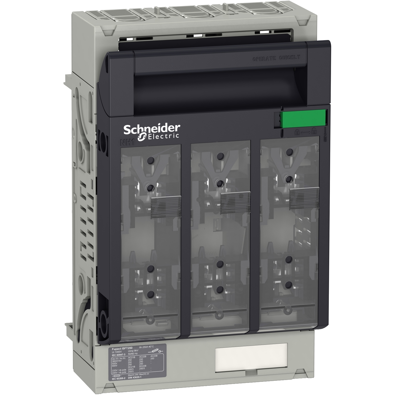 Ein dreipoliger Leistungsschalter von Schneider Electric, Modell Compact NSX, mit grünem Schalter oben rechts. Einsatz in elektrischen Verteilungen.