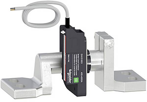 Ein Sensor mit Befestigungshalterung und angeschlossenem Kabel. Der Sensor ist schwarz mit technischen Markierungen und Logos.