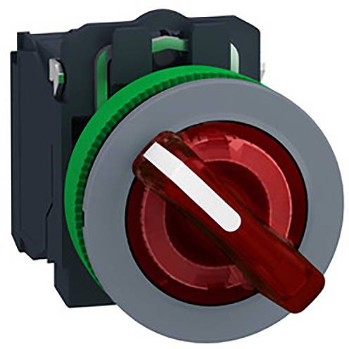 Ein roter Not-Aus-Schalter mit grünem Sockel, in der 'Aus'-Position, dient zur sofortigen Unterbrechung von elektrischen Systemen.