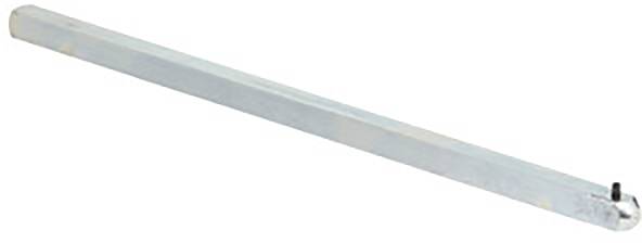 Ein langer, dünner Metallstab mit rechteckigem Querschnitt. Das Ende des Stabes hat eine kleine Schraube oder ein Bolzen.
