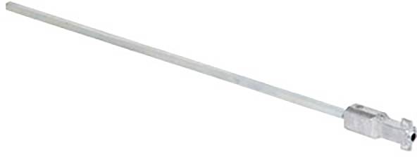 Ein langer, schlanker Metallstab mit einer silbernen Befestigung am Ende. Er könnte Teil eines Werkzeugs oder einer Maschine sein.