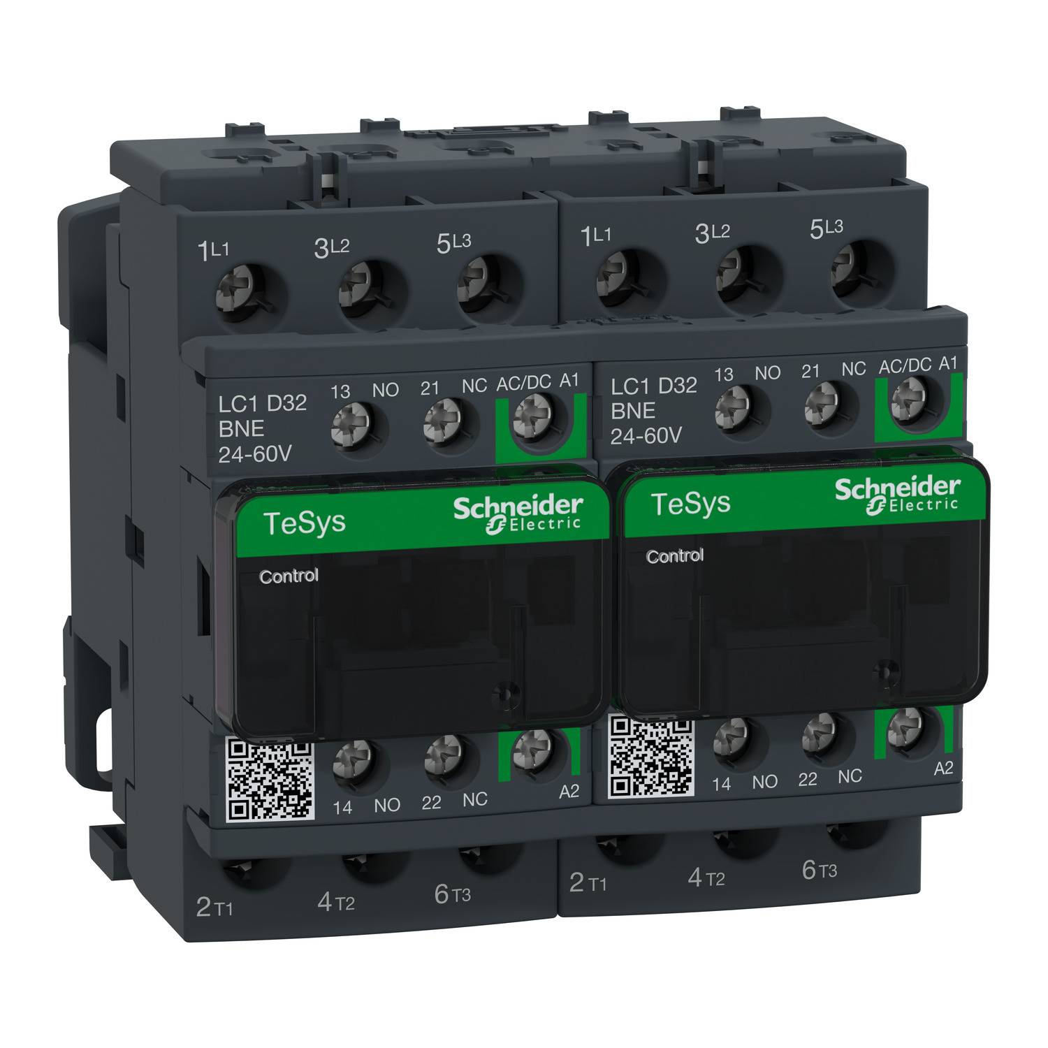 Industrieller Schütz von Schneider Electric, Typ TeSys, Modellnummer LC1 D32 BNE 24-60V, in dunklem Gehäuse mit grünen Etiketten.