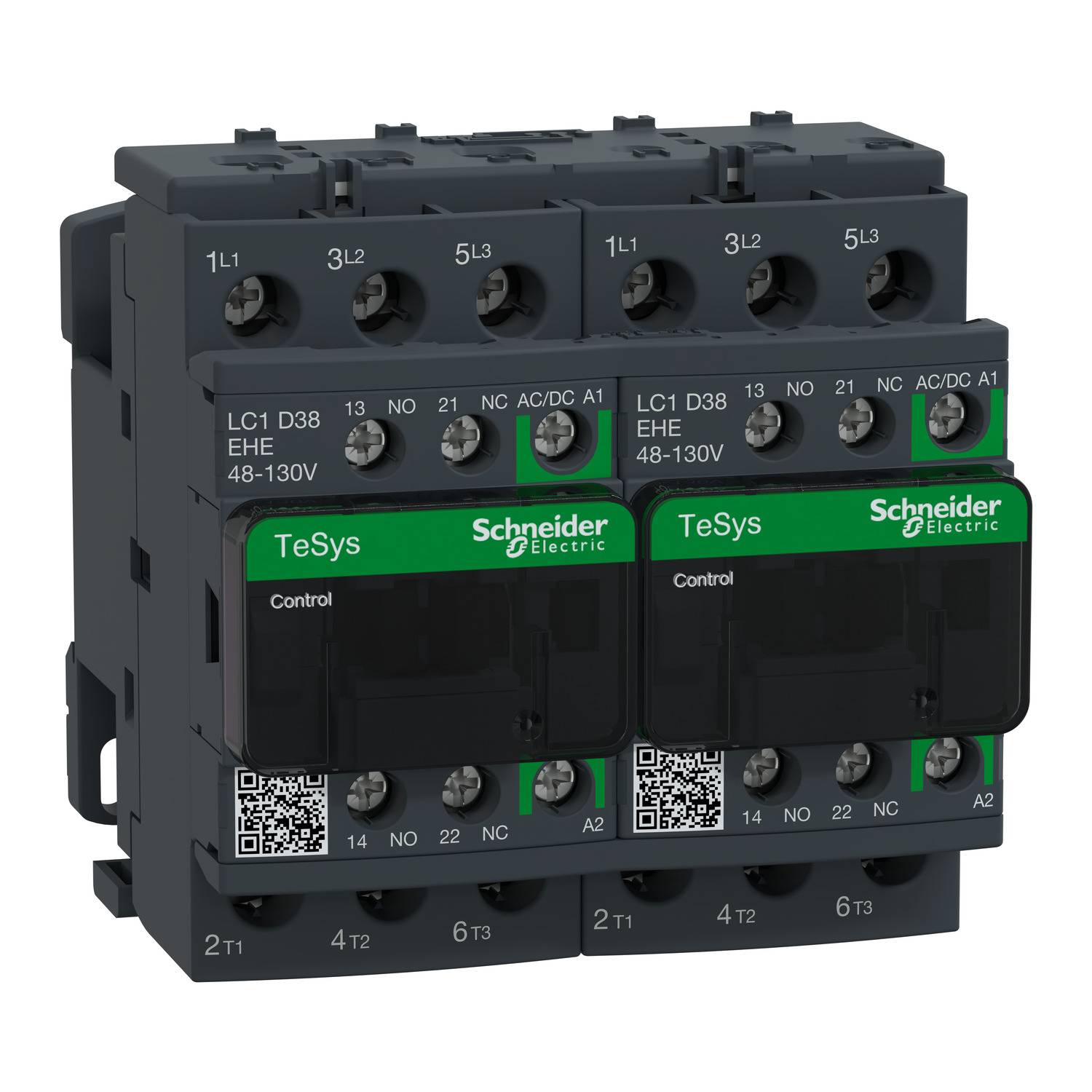 Zwei schwarze elektrische Schaltschütze von Schneider Electric mit grünen Etiketten und QR-Codes, Modell TeSys, für Steuerungszwecke.