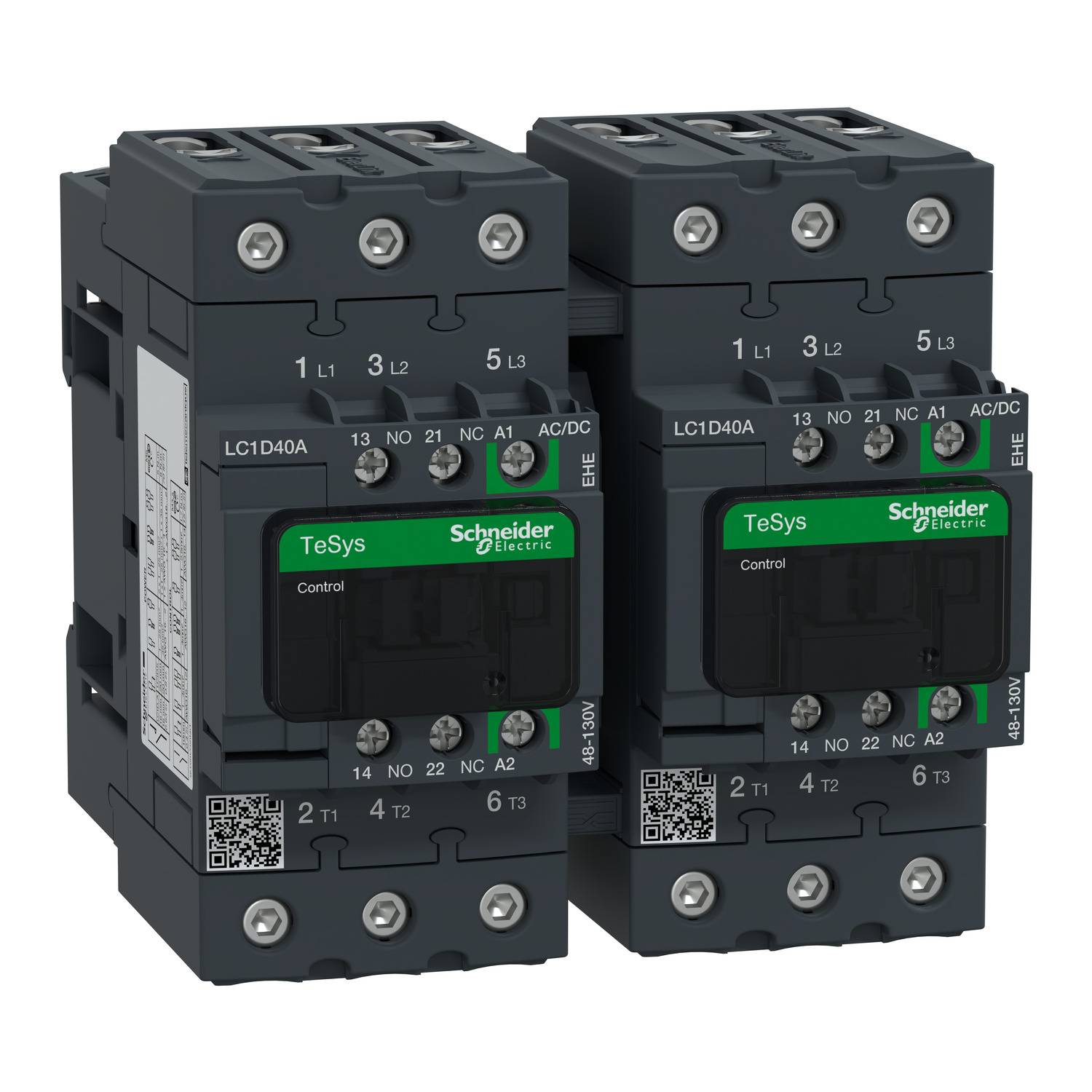 Zwei schwarze Leistungsschütze von Schneider Electric, Modell TeSys. Sie bestehen aus mehreren Anschlussklemmen und zeigen QR-Codes.