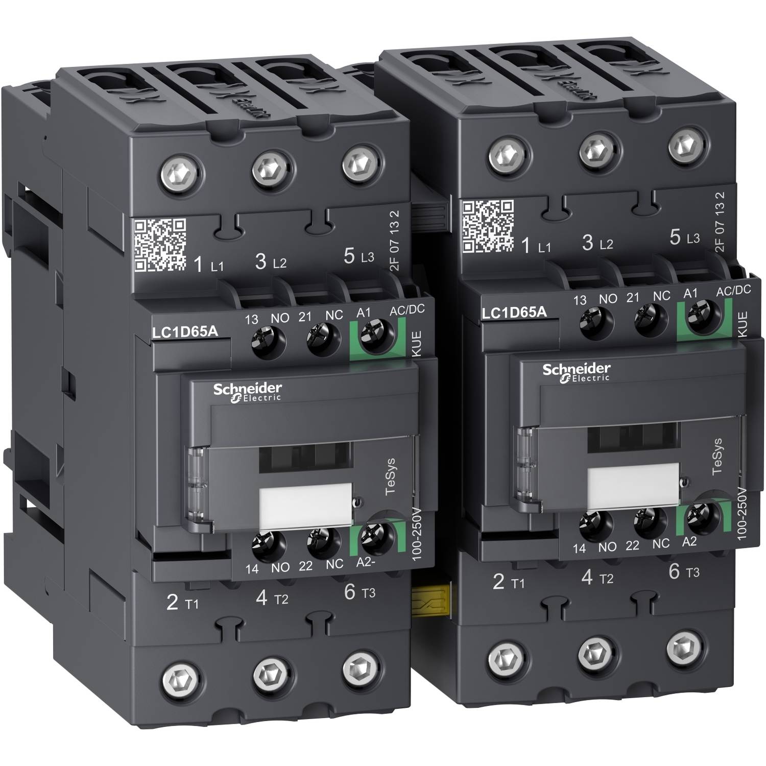 Zwei schwarze Leistungsschütze von Schneider Electric mit Modellnummern LC1D65A. Sie sind nebeneinander platziert.