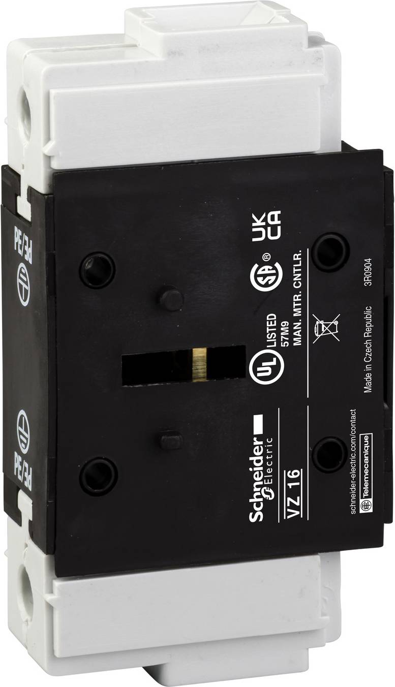 Ein elektrischer Hauptleistungsschalter mit Auslösemechanismus, schwarzem Gehäuse und weißen Seiten, markiert mit verschiedenen Sicherheitszertifizierungen.