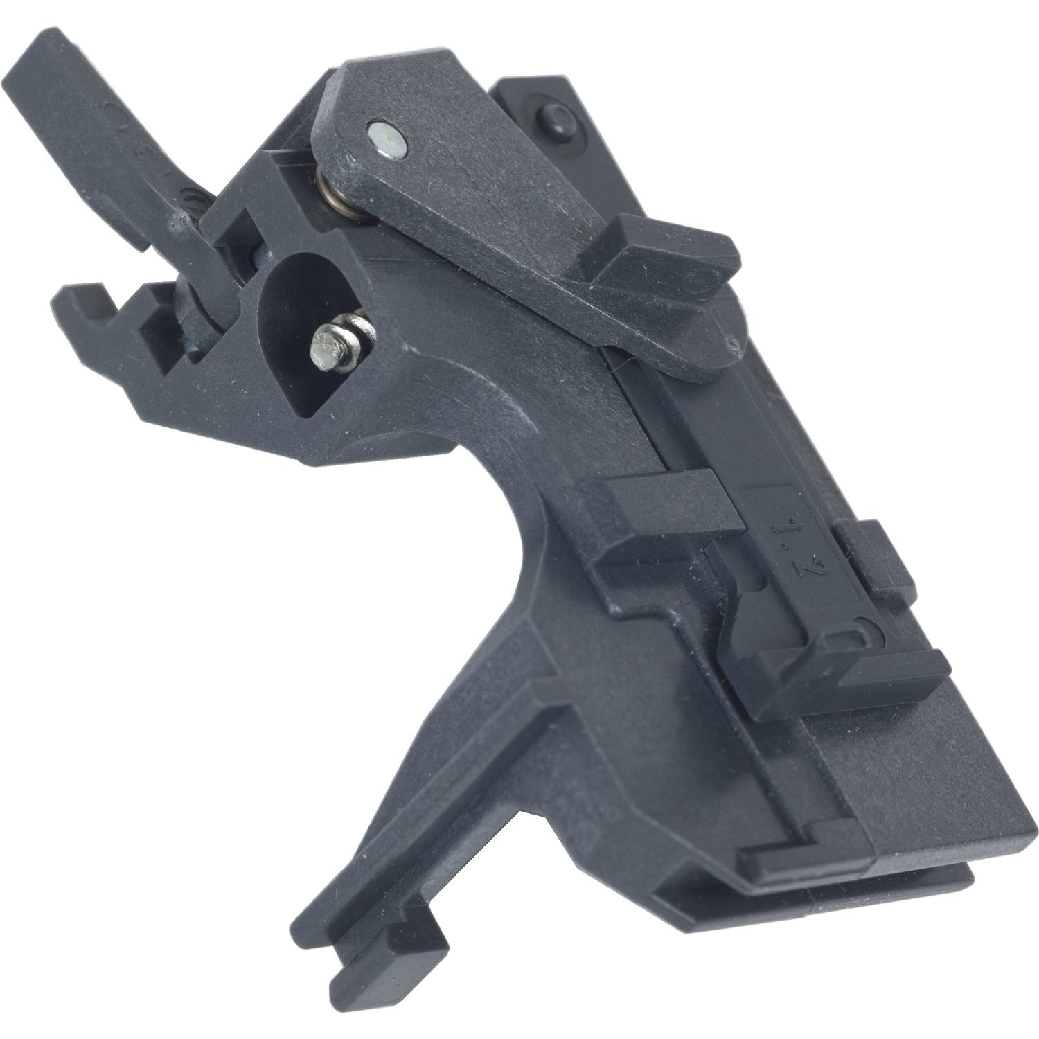 Schwarzes Kunststoffbauteil mit mehreren Hebeln und Schrauben, möglicherweise Teil eines mechanischen oder technischen Geräts.