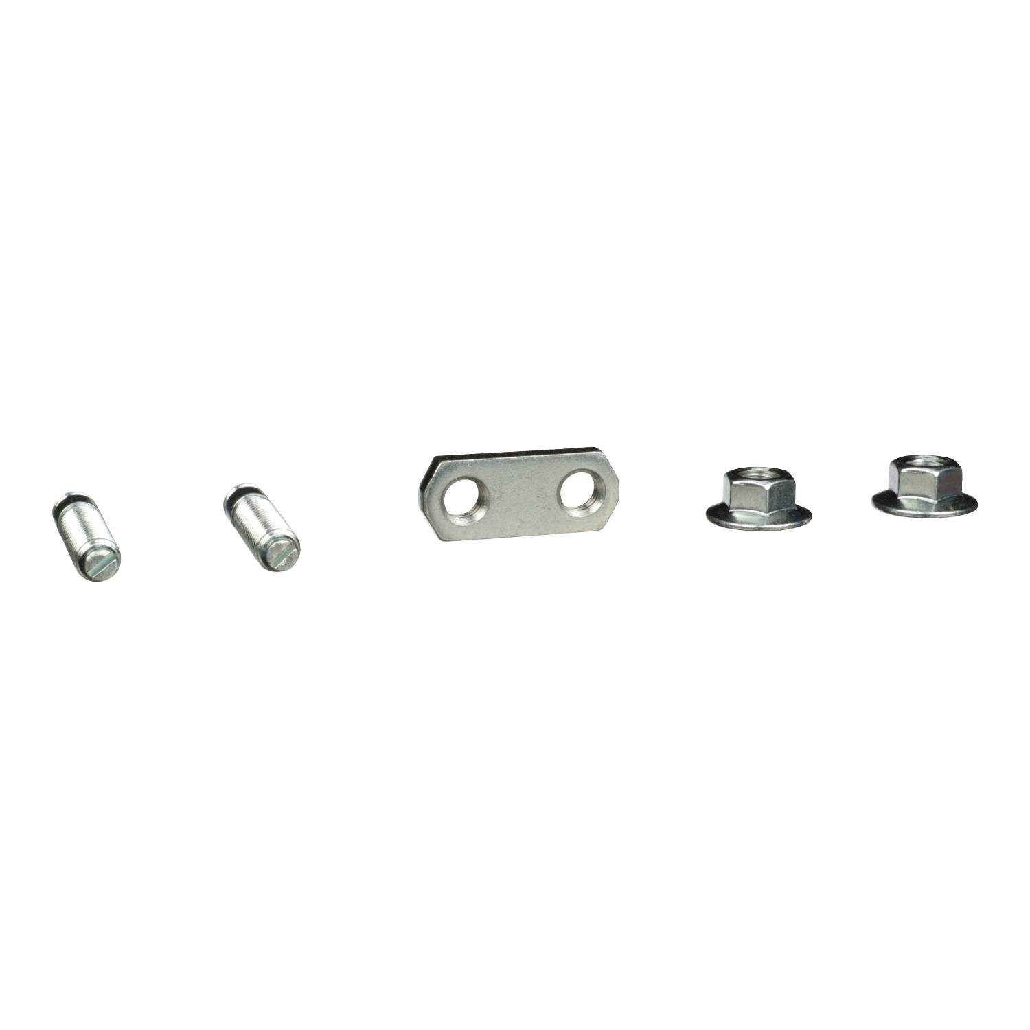 Metallteile-Set bestehend aus zwei Bolzen, einer Metallplatte mit zwei Löchern und zwei Muttern.
