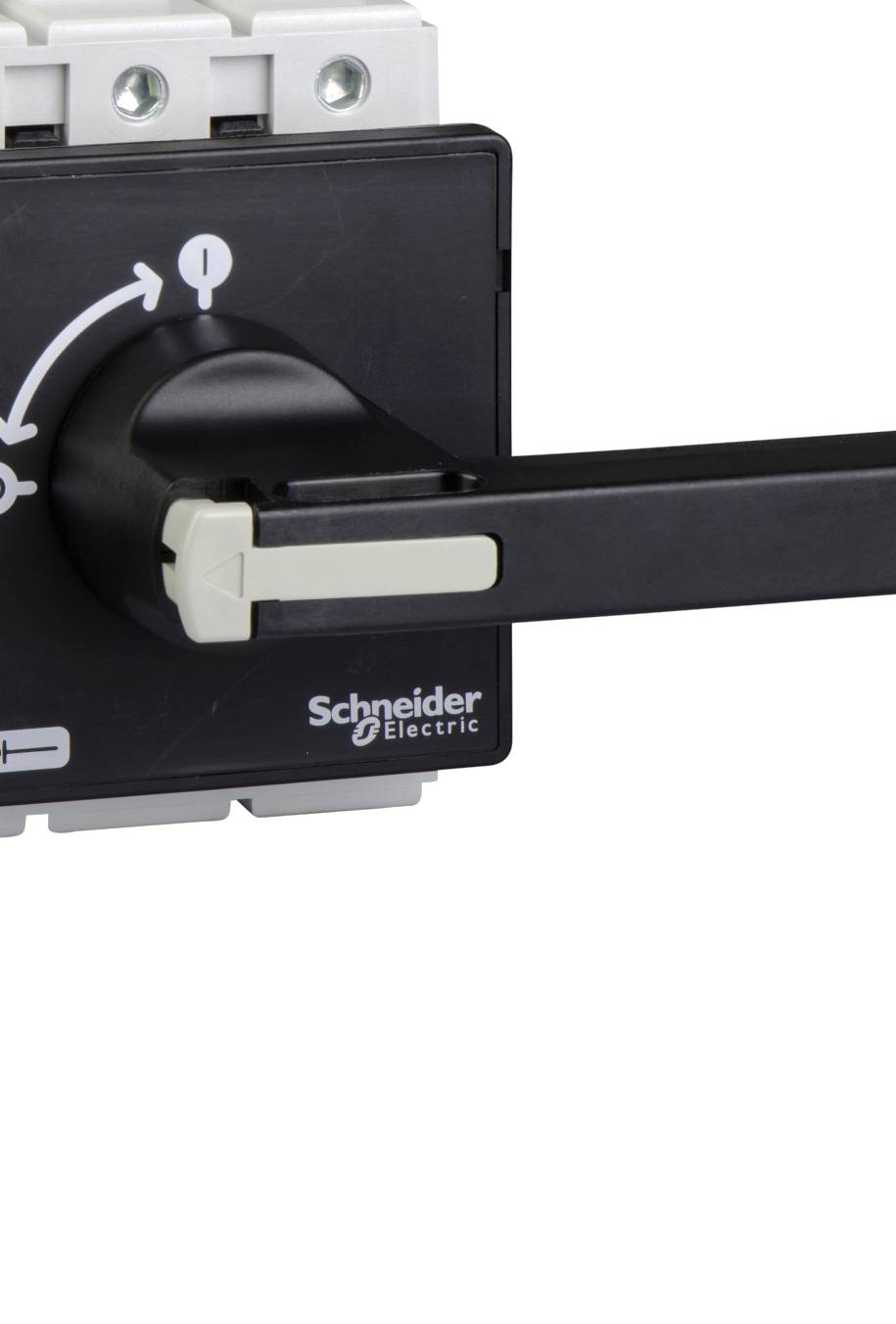 Ein schwarzer Schaltschalter von Schneider Electric, zeigt Positionen '1' und '0' an. Großer Hebel zur manuellen Bedienung.