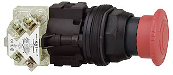 Roter Not-Aus-Schalter, seitlich abgebildet, zeigt Mechanismus und Befestigung. Sicherheitselement zur Maschinenabschaltung.