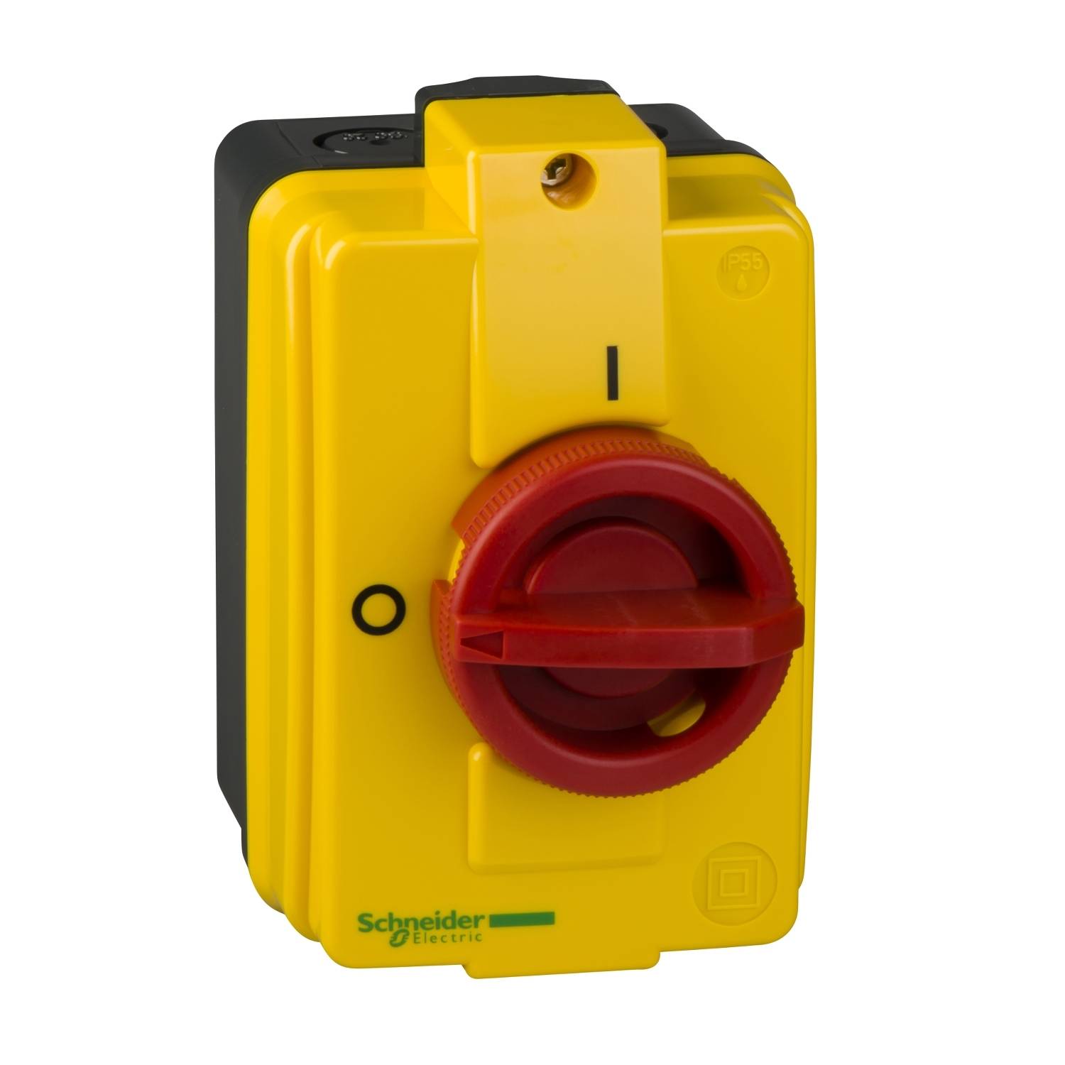 Ein gelbes, rechteckiges Gehäuse mit einem roten Drehschalter zum Ein- und Ausschalten elektrischer Systeme. Marke: Schneider Electric.