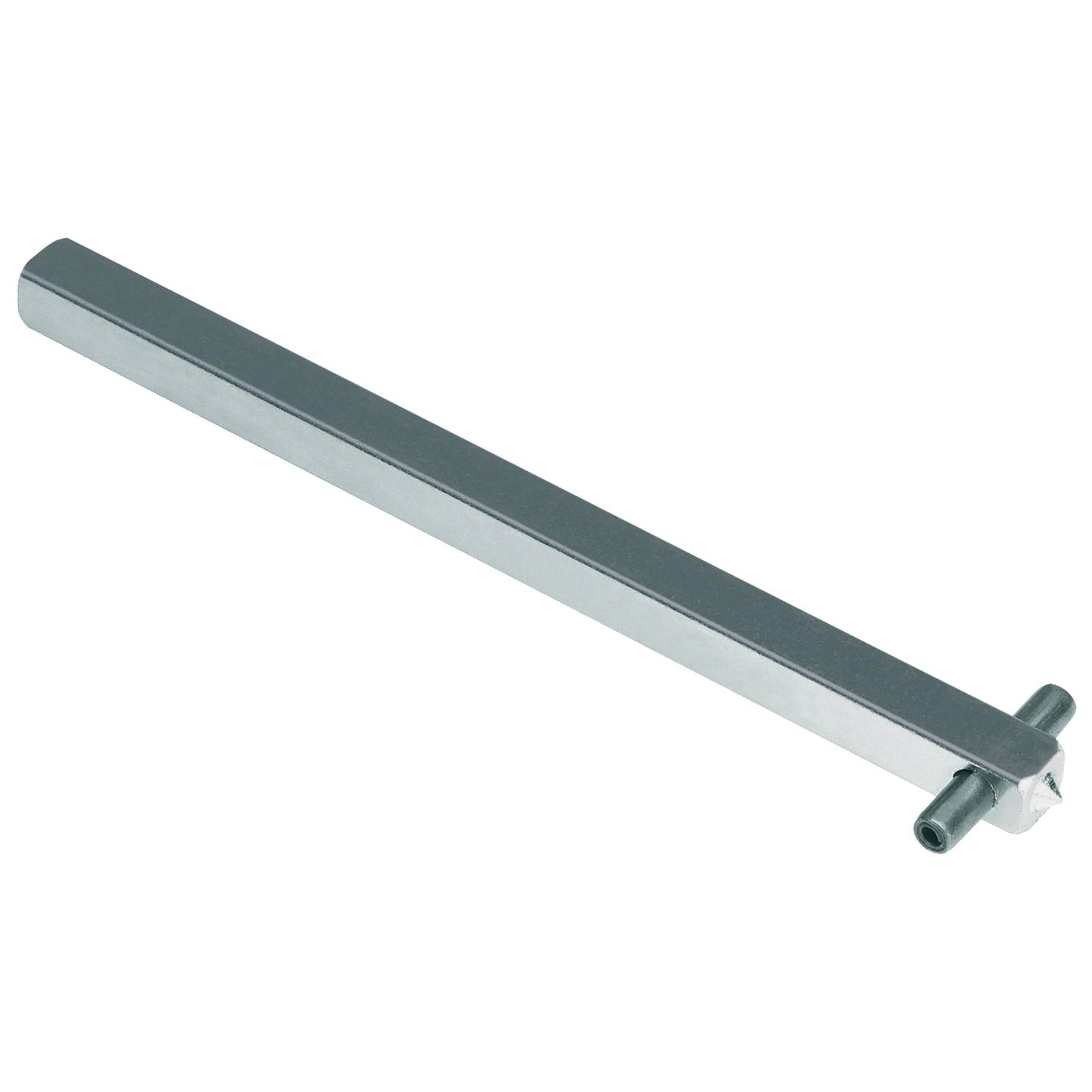 Ein silberner, rechteckiger Metallstab mit einem kleinen zylindrischen Anschluss an einem Ende, auf weißem Hintergrund.
