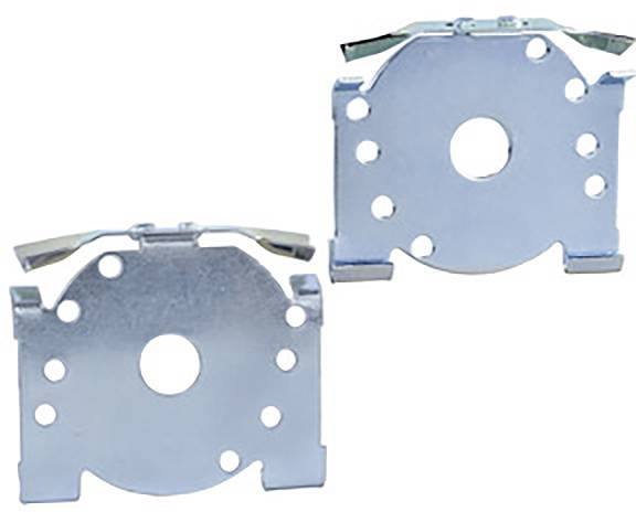 Metallhalterungen mit mehreren Löchern und einer zentralen Öffnung, geeignet für die Aufnahme von elektrischen oder mechanischen Komponenten.