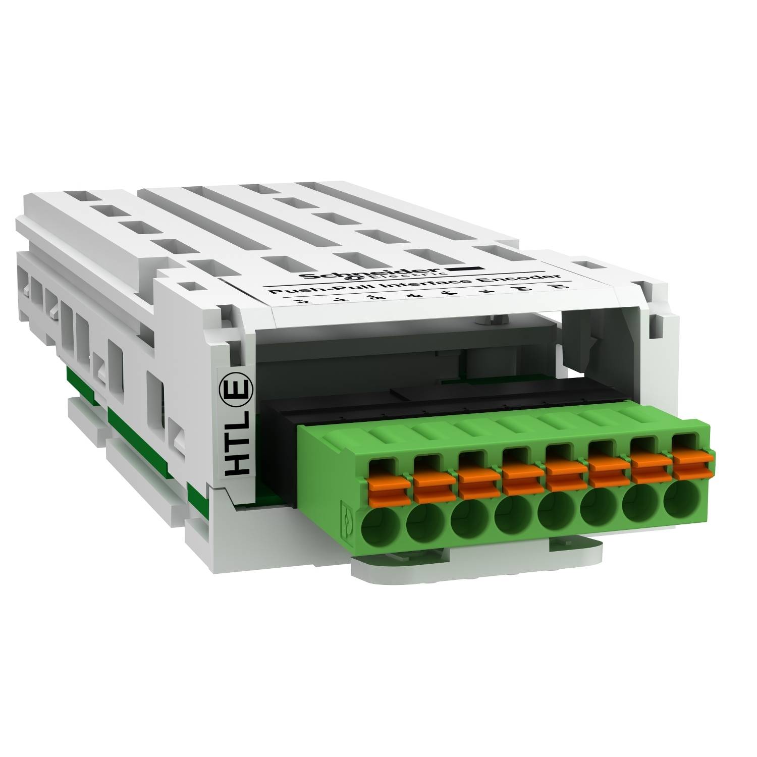 Ein weißes elektronisches Modul mit einem grünen Stecker und orangen Klemmen, beschriftet mit 'HTL' und 'Schneider Electric'.