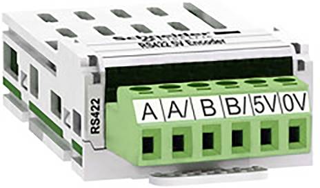 Ein grünes elektrisches Klemmenmodul mit der Beschriftung 'RS422'. Es hat mehrere Anschlussstellen, beschriftet mit 'A', 'B', '5V', '0V'.