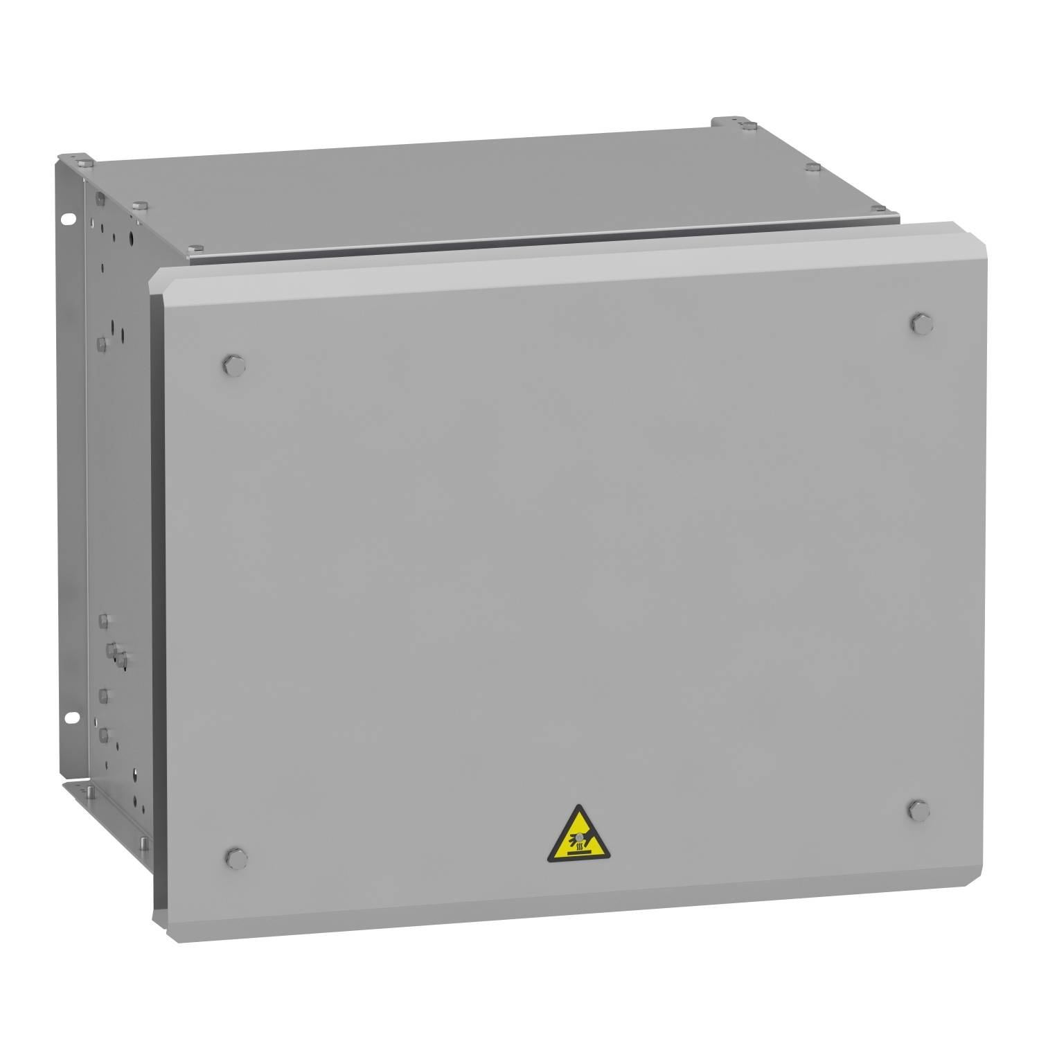 Silberner Metallkasten mit verschraubter Frontplatte und einem Warnsymbol. Eignet sich zur Wandmontage in technischen Umgebungen.