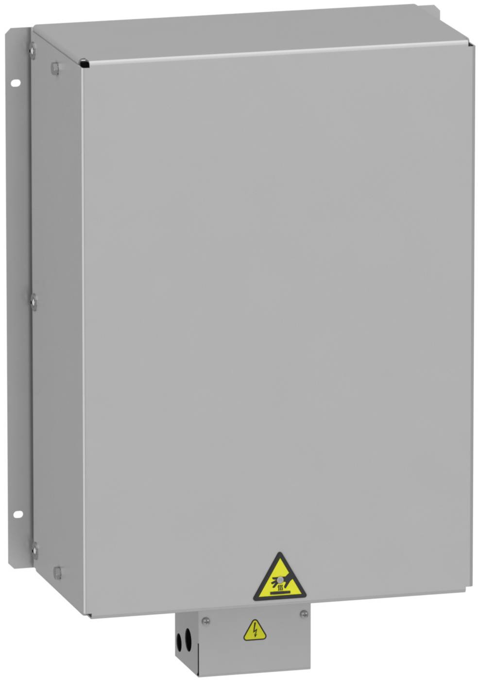 Ein grauer, rechteckiger Metallkasten mit einem gelben Warnsymbol. Der Kasten ist vermutlich ein elektrisches Gehäuse.