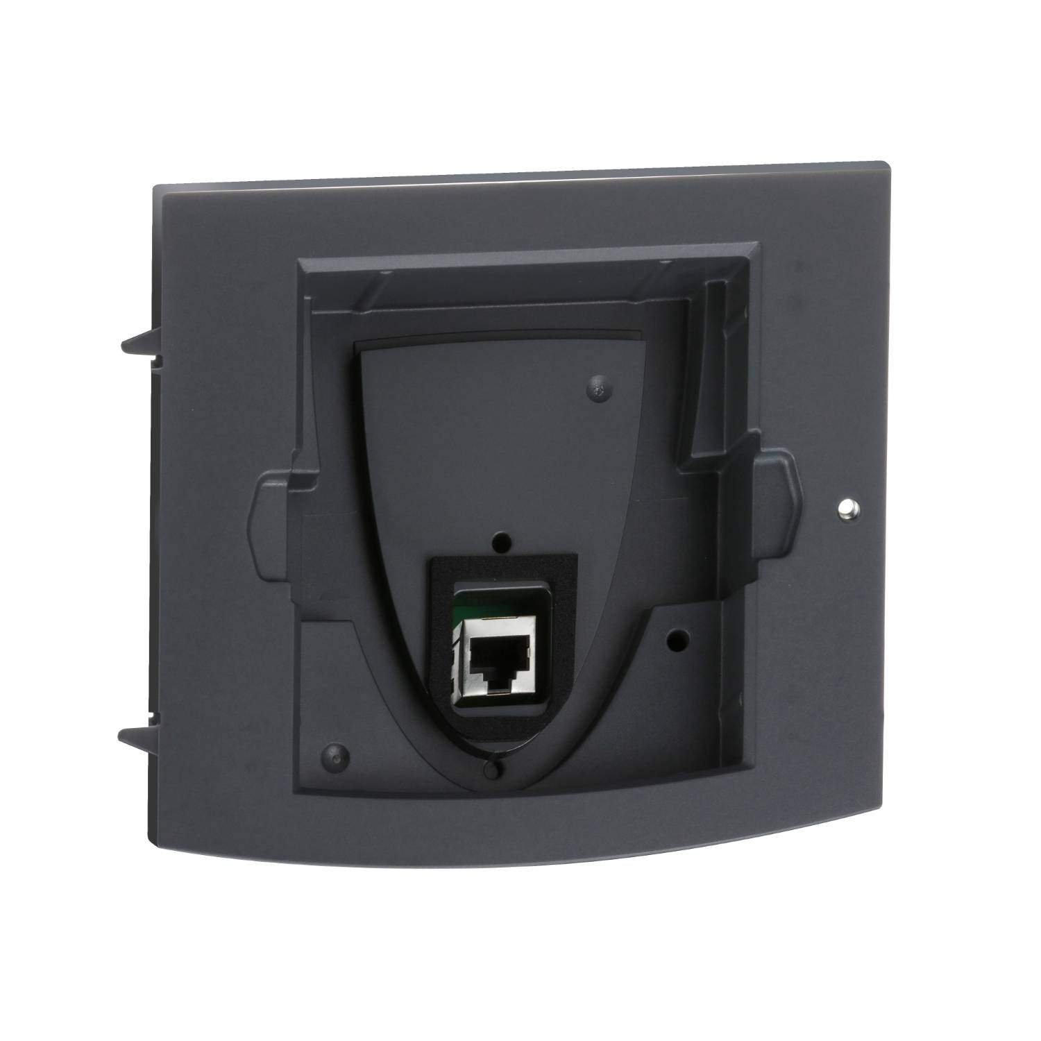 Grau-schwarze Netzwerkanschlussdose mit zentralem Ethernet-Anschluss, geeignet für Wandmontage in IT- oder Haushaltsanwendungen.
