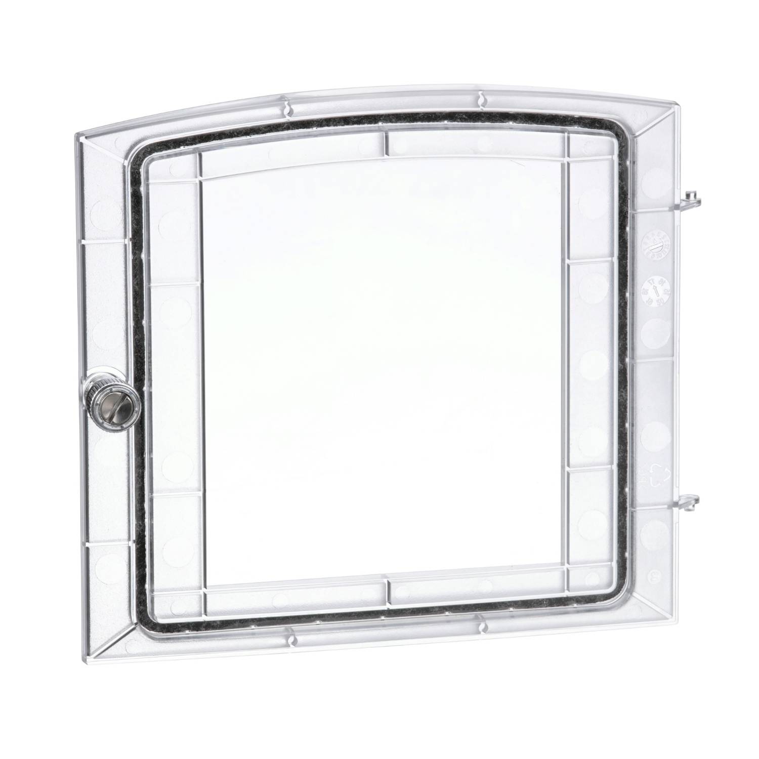 Ein quadratisches, transparentes Fenster aus Kunststoff mit Rahmen und sichtbarem Verschlussmechanismus an der linken Seite.