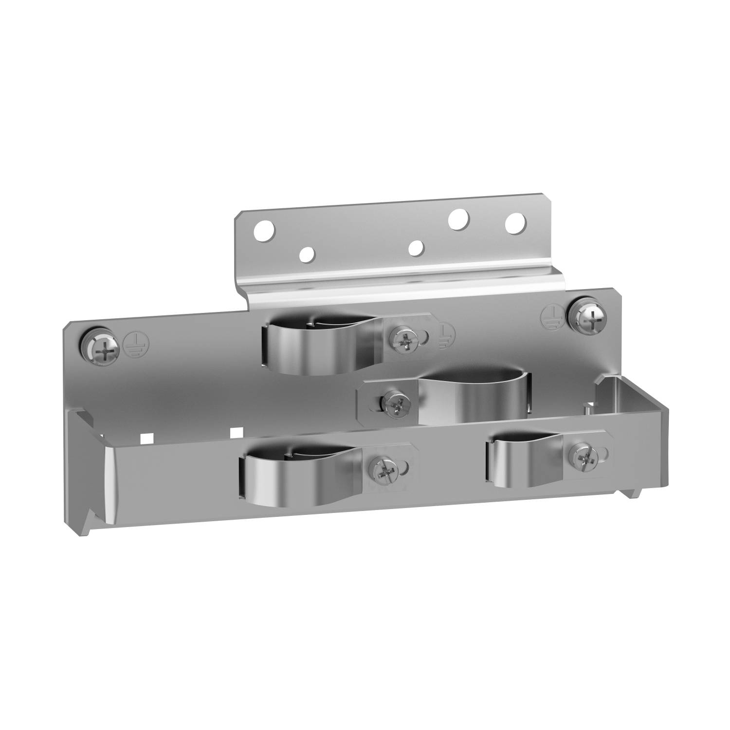 Metallplatte mit Halterungen und Löchern zur Wandmontage. Verwendet für die Befestigung von Rohren oder Kabeln.