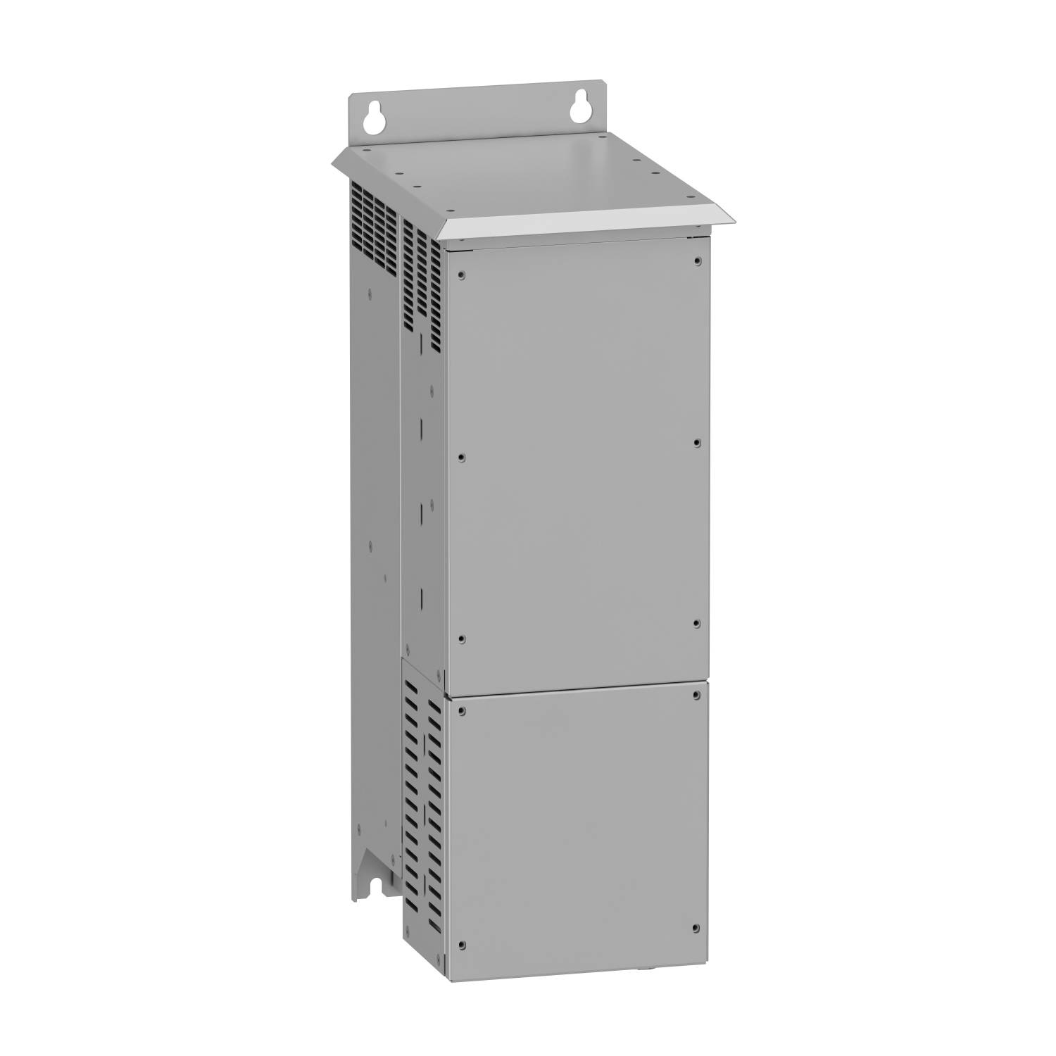 Metallgefertigtes, rechteckiges Gehäuse mit seitlichen Lüftungsschlitzen und integrierter Wandhalterung, geeignet für elektrische oder elektronische Geräte.