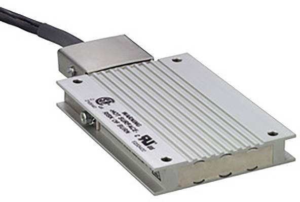 Ein rechteckiger elektrischer Heizungswiderstand mit Metallgehäuse und Kabelanschluss zur Temperaturregelung in elektronischen Geräten.