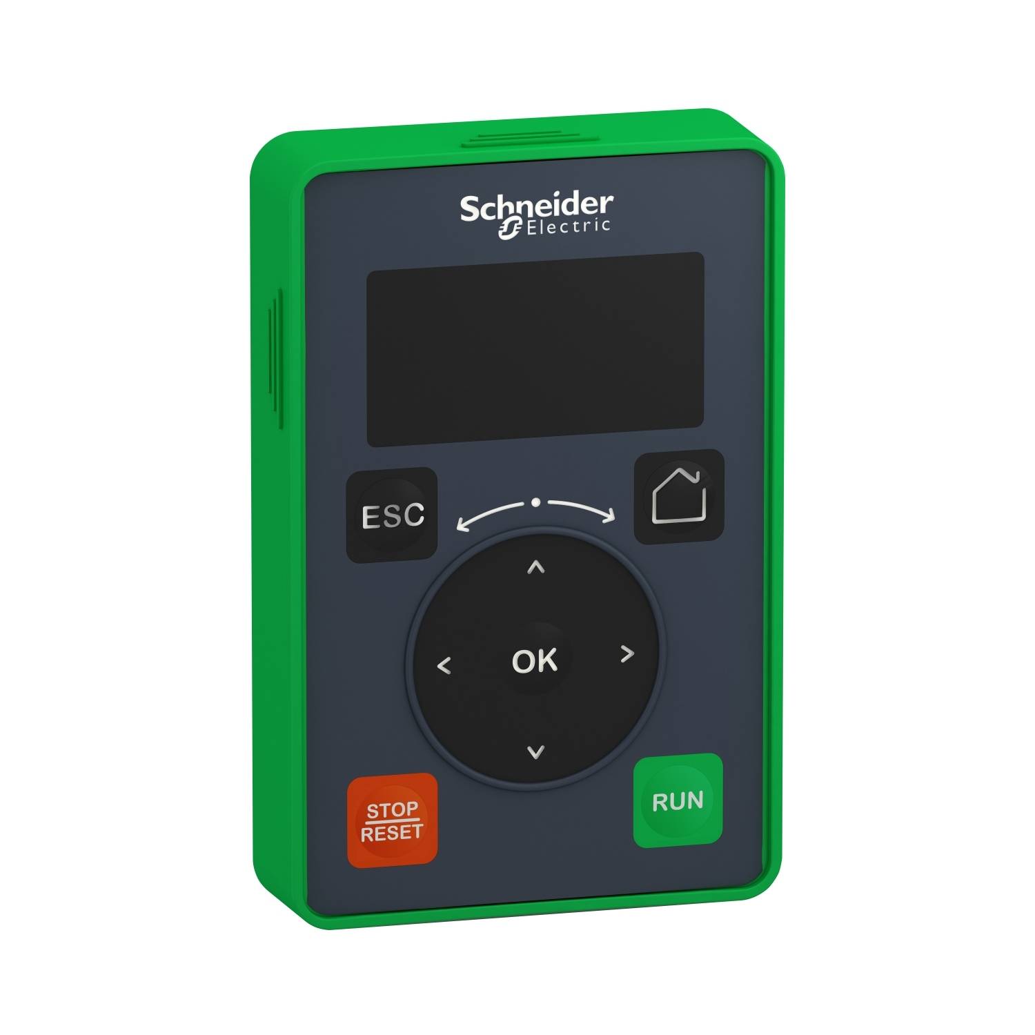 Ein grünes, rechteckiges Bedienfeld von Schneider Electric mit ESC- und OK-Tasten, sowie Stop-Reset und Run-Tasten.