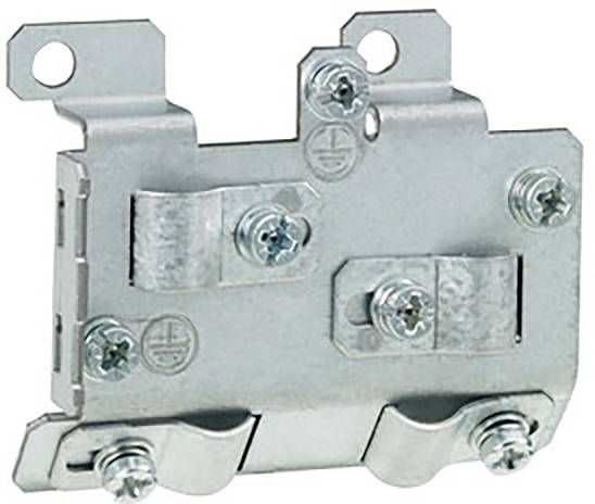 Metallisches elektrisches Bauteil, Flach und rechteckig mit mehreren Schrauben und Laschen, verwendet zur Befestigung von Kabeln.