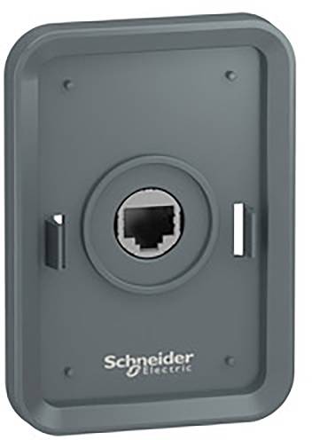 Abdeckung mit RJ45-Netzwerkbuchse von Schneider Electric, geeignet für Wandmontage. Dunkelgraues Design, rechteckige Form.