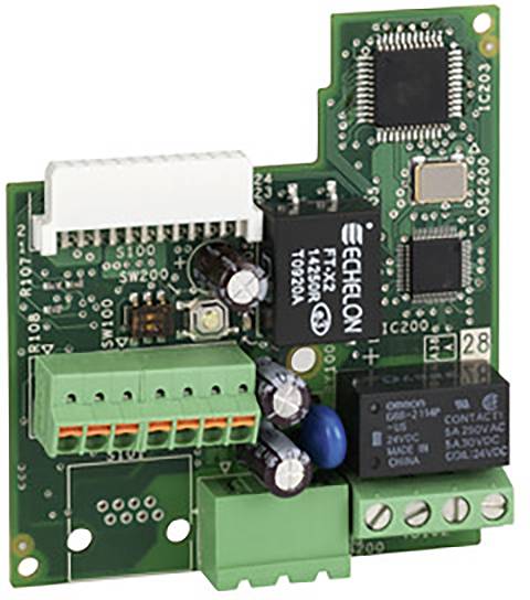 Eine grüne elektronische Leiterplatte mit verschiedenen Chips, Steckverbindern und Komponenten. Oben ist ein Echelon-Logo sichtbar.