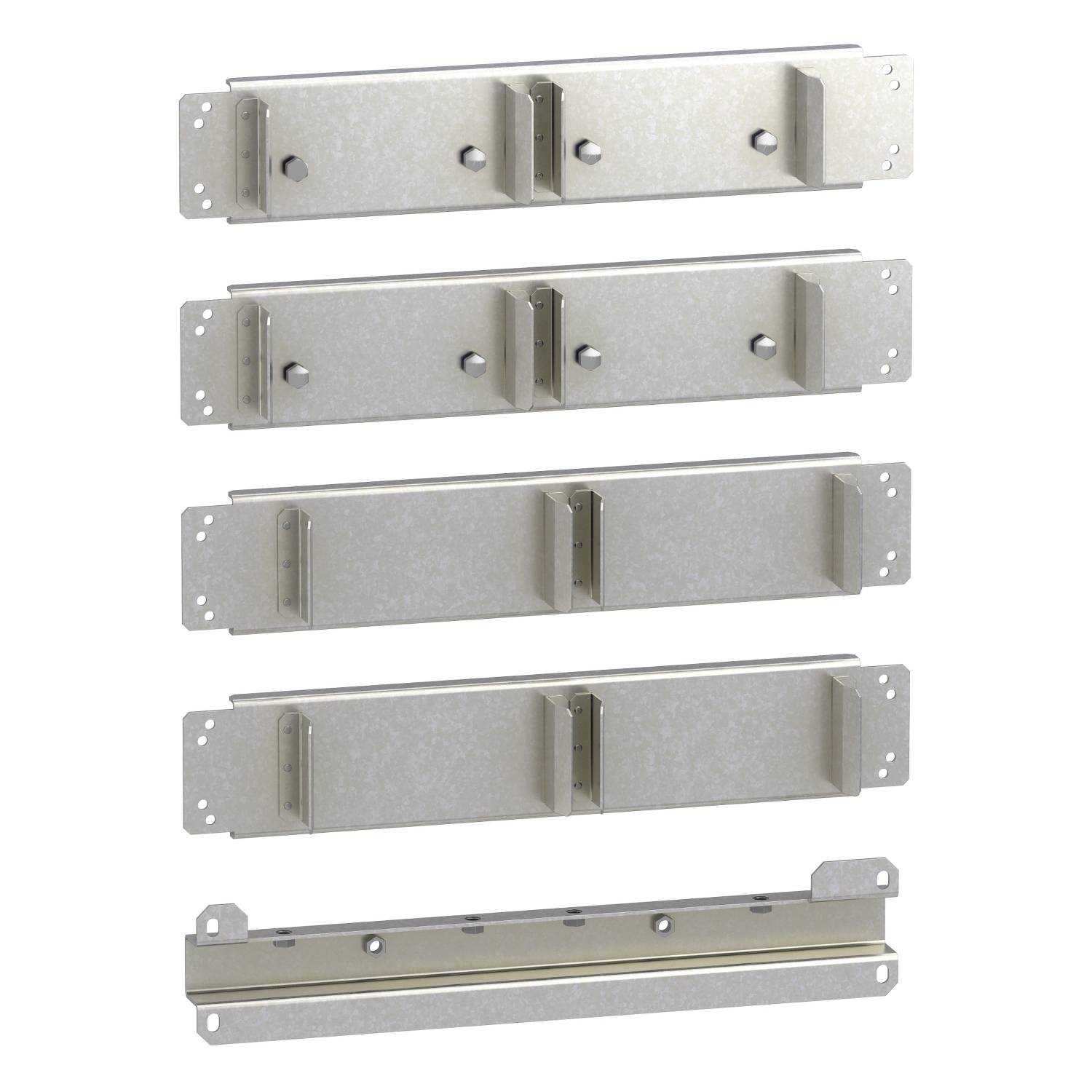 Metallhalterungen für Rackmounts, in vier horizontalen Reihen angeordnet. Jede Reihe hat zwei Halterungen mit Schraublöchern an den Enden.