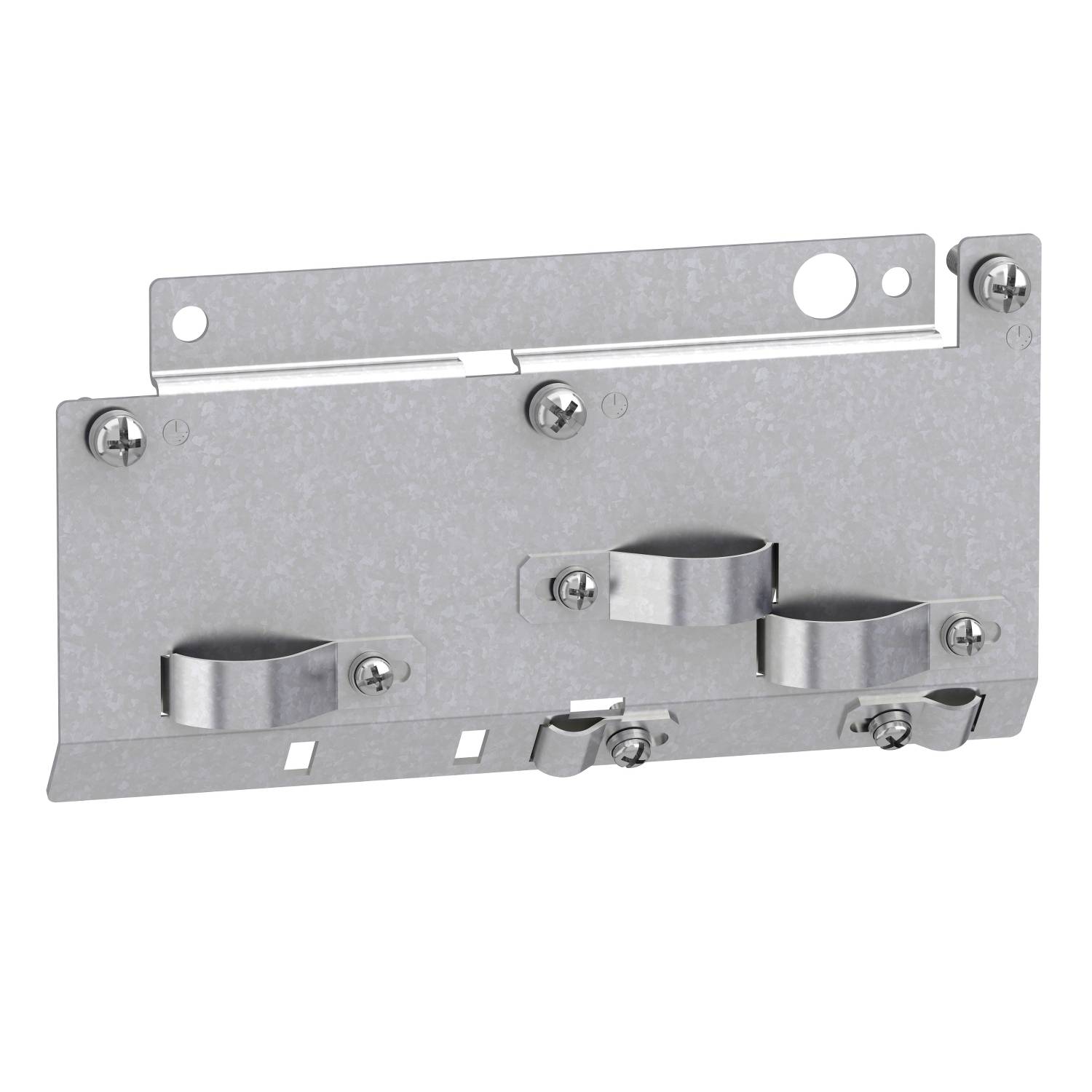 Metallhalterung mit mehreren Schraublöchern und zwei Clips zur Befestigung, geeignet für industrielle Anwendungen oder Montagearbeiten.