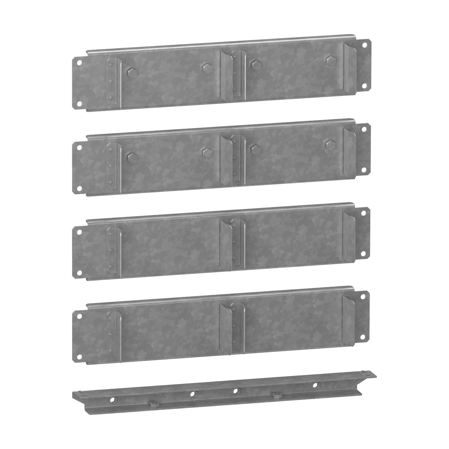 Vier übereinander gestapelte Metallplatten und eine separate untere Platte, möglicherweise als Montagematerial oder Bauteile.